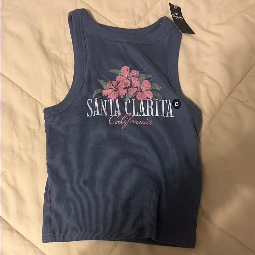 Hollister Blue Tank with Pink Floral Accents